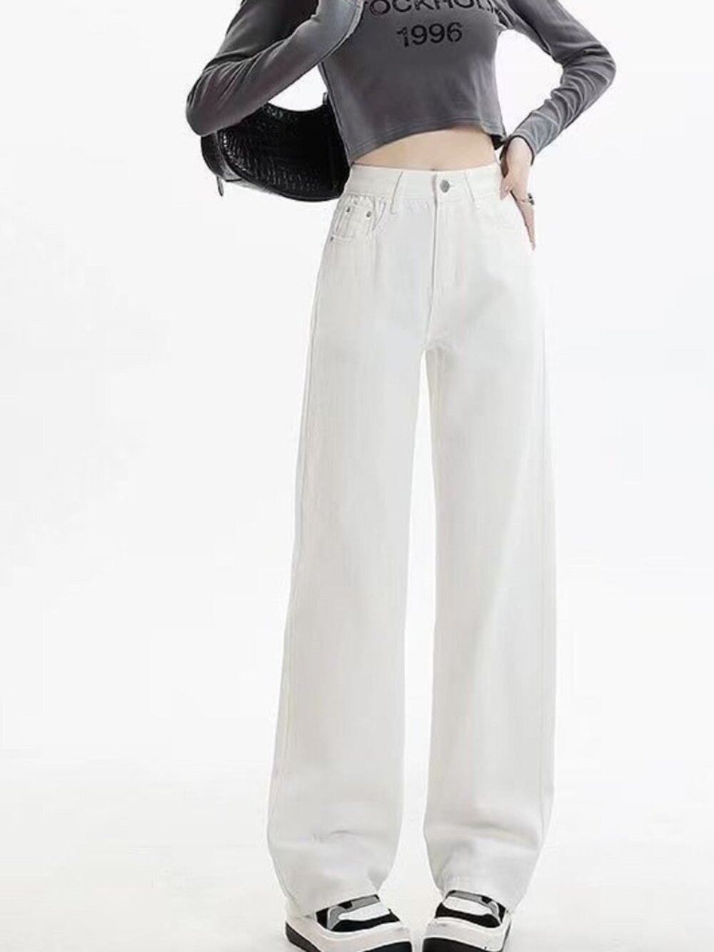 New women white Jeans Straight High Waisted Wide Leg Demin Pants